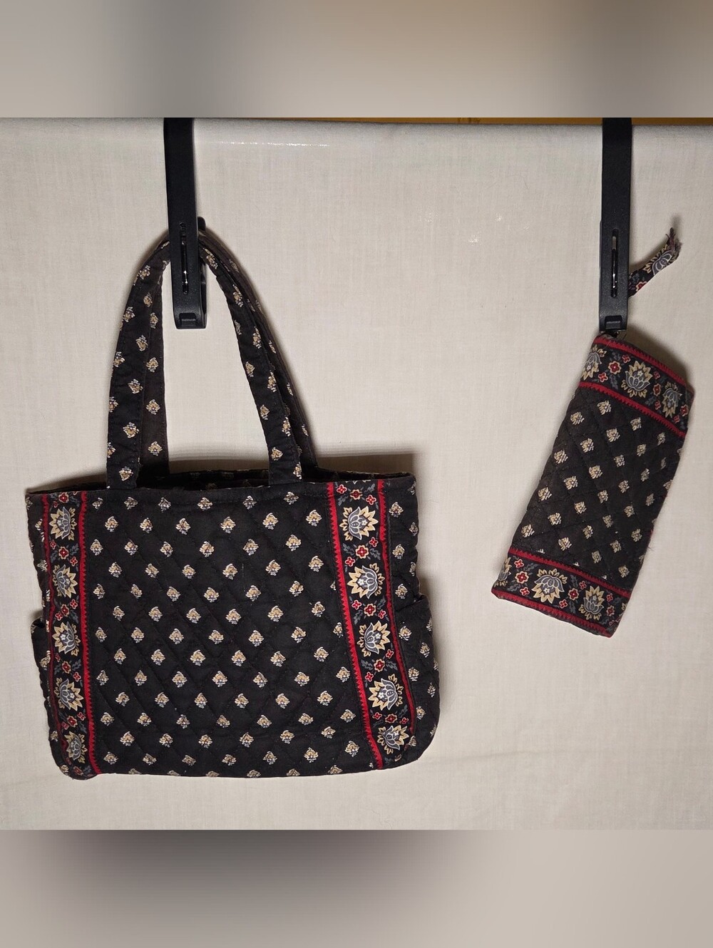 Vera Bradley Quilted Black Floral Tote Bag with Matching Wallet